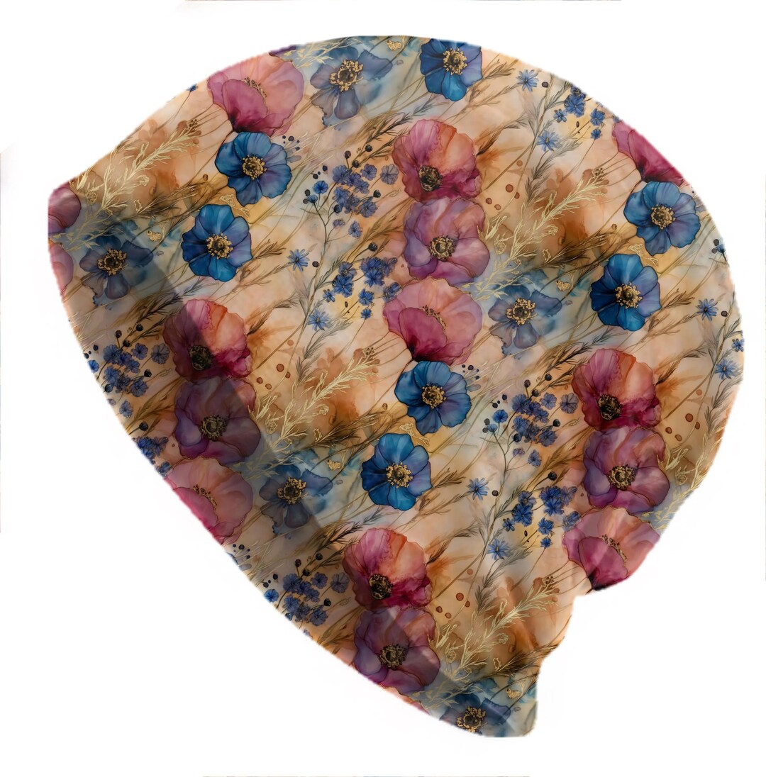 Spring Beanie Thin Boho Floral Beanie – Watercolor Meadow Print Slouchy Hat, Spring ...
