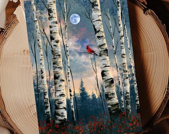 Cardinal Greeting Card, Red Cardinal in Birch Tree Forest, Moonlit Woodland Nature Card, Single or Set of 10, Red Blue