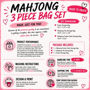 K&ouml;nnte beinhalten: Ein dreiteiliges Mahjong-Taschenset als Infografik mit rosa Herzen und Text. Abmessungen: Au&szlig;entasche 50,0 x 20,1 x 7,6 cm, Fliesentasche 48,0 x 8,1 x 7,1 cm, Rack-Tasche 47,0 x 37,1 cm. Enth&auml;lt Informationen zur Pflege und zum Lieferumfang.