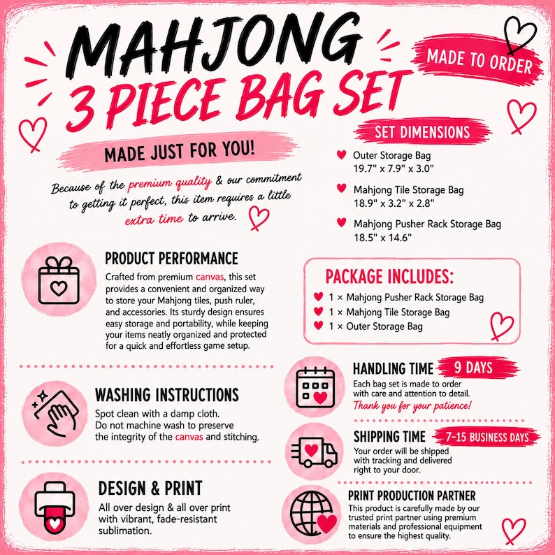 K&ouml;nnte beinhalten: Ein dreiteiliges Mahjong-Taschenset als Infografik mit rosa Herzen und Text. Abmessungen: Au&szlig;entasche 50,0 x 20,1 x 7,6 cm, Fliesentasche 48,0 x 8,1 x 7,1 cm, Rack-Tasche 47,0 x 37,1 cm. Enth&auml;lt Informationen zur Pflege und zum Lieferumfang.