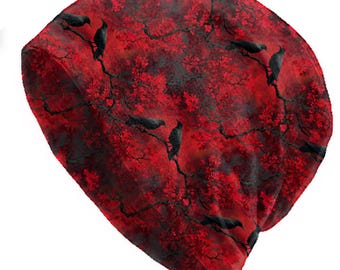 Red Crow Branch Slouchy Beanie – Soft Lightweight Skull Cap, Thin Bonnet Hat for Men & Women, Dark Gothic Raven Pattern, Cozy Stretch Fit