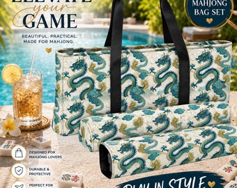 Japanese Dragon Style Mahjong Bag Set, Mahjong Tote Bag, Mahjong Tile Bag, Mahjong Rack Bag, Oriental Dragon Mahjong Carrier, Travel Bag