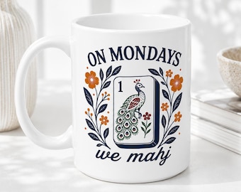 Funny Mahjong Coffee Mug | On Mondays We Mahj Mug | Mahjong Lover Gift, Peacock Mahjong Cup, Game Night Gift, Retro Floral, Boho Yellow Blue