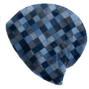 Blue Denim Patchwork Style Thin Slouchy Beanie for Men and Women, Soft Stretch Slouchy Skull Cap, Lightweight Breathable Hat