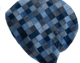 Blue Denim Patchwork Style Thin Slouchy Beanie for Men and Women, Soft Stretch Slouchy Skull Cap, Lightweight Breathable Hat