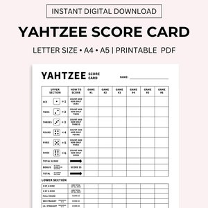 Tarjetas de puntuación imprimibles de Yahtzee, hojas de puntuación de Yahtzee, bloc de puntuación de Yahtzee, juego de dados