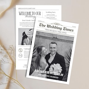 May include: Two wedding announcements designed to look like newspapers. One is titled "The Wedding Times" and the other "Welcome to Our Wedding." The announcements feature black and white photos of the couple. Text includes "Amelia & William are getting married."