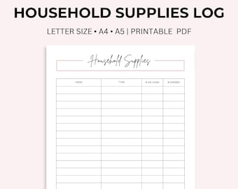 Home Inventory Printable, Household Supplies Tracker Template, Items List Sheet