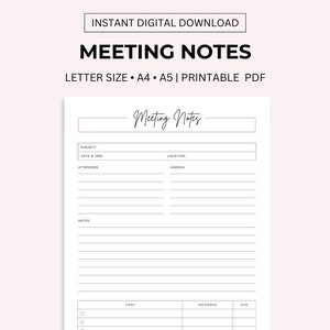 Meeting Notes Printable, Meeting Minutes Template, Business Note Taking