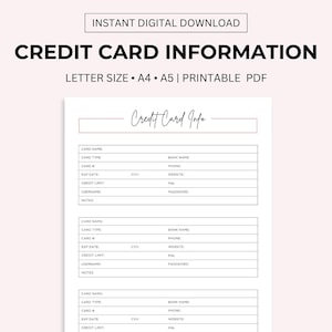 Suivi des informations de carte de crédit imprimable, journal des cartes de crédit