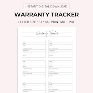 May include: Printable warranty tracker with a black and white design. The tracker has sections for item, year, model, life expectancy, warranty, cost to replace, and notes.