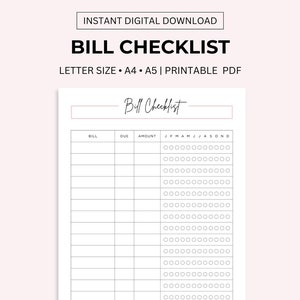 Yearly Bill Payment Tracker Printable, Bill Payment Checklist, Bill Payment Log, Expense Tracker, Bill Planner