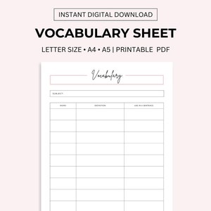 Vocabulary Worksheet Printable, Vocabulary Practice Sheet, Language Learning Template, Word Definition