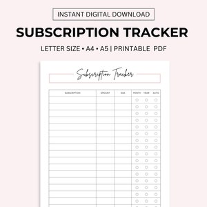 Subscription Tracker Printable, Membership Tracking, Account Tracker, Monthly Subscription Checklist, Expense Planner