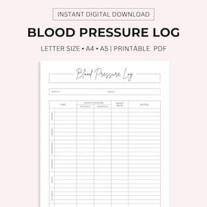 May include: Printable blood pressure log with a white background and black text. The log includes columns for month, week, time, systolic blood pressure, diastolic blood pressure, heart rate, and notes. The log is designed for tracking blood pressure readings over time.