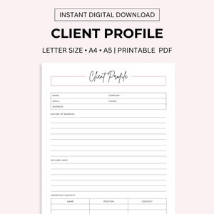 Client Profile Printable, Customer Information Log, Info Sheet