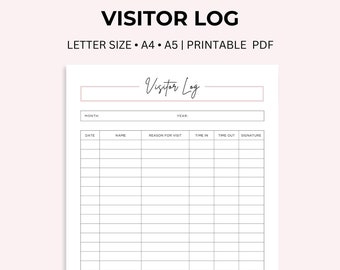 Visitor Log Printable: Sign In/Out Sheet (Letter/A4/A5 PDF)
