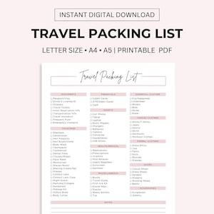 Travel Packing List Printable: Vacation Planner Checklist (Letter/A4/A5) (Digital Download)