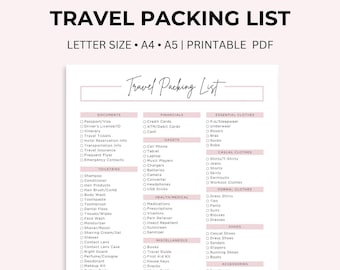 May include: A printable travel packing list checklist with categories for documents, financials, gadgets, toiletries, health/medical, miscellaneous, shoes, and accessories. The list is organized in a column format with checkboxes next to each item.