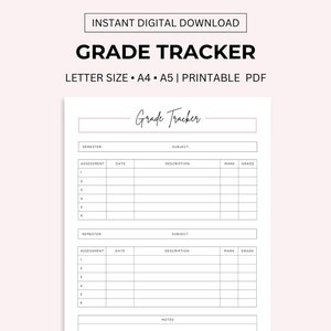 Grade Tracker Printable, Homeschool Gradebook, Student Grading Sheet