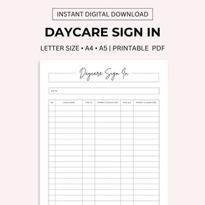 Daycare Sign In/Out Sheet Printable: Preschool, Summer Camp (PDF)