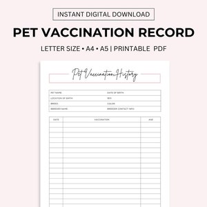 Afdrukbaar record huisdiervaccinatie, hondenvaccinatie, puppyvaccinatie kattenvaccinatielogboek, huisdiergezondheidszorglogboek, zorgboek