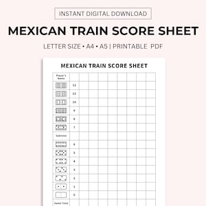May include: Printable Mexican Train score sheet with a grid for recording points. The sheet includes a space for the player's name and a section for recording the subtotal and game total.