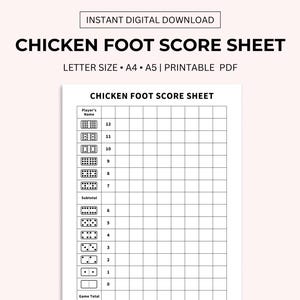 Könnte beinhalten: Druckbare Chicken-Foot-Punktetabelle mit einem Raster zum Aufzeichnen von Punkten. Das Blatt enthält einen Platz für den Namen des Spielers sowie eine Zwischensumme und eine Gesamtpunktzahl.
