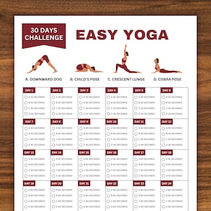 30 Days Easy Yoga Challenge, Fitness Challenge, Exercise Planner Printable, Workout Tracker