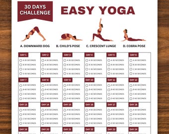 30 Days Easy Yoga Challenge, Fitness Challenge, Exercise Planner Printable, Workout Tracker