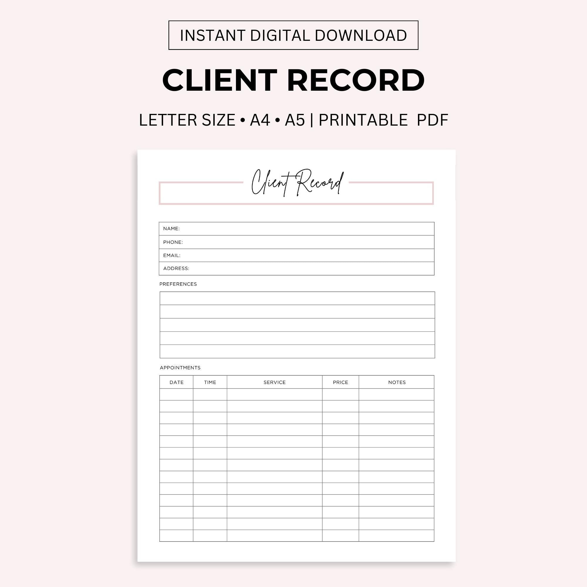 Client Record Printable: Appointment Tracker (letter/a4/a5 PDF) - Etsy