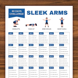 30 Days Sleek Arms Challenge, Fitness Challenge, Exercise Planner Printable, Workout Tracker
