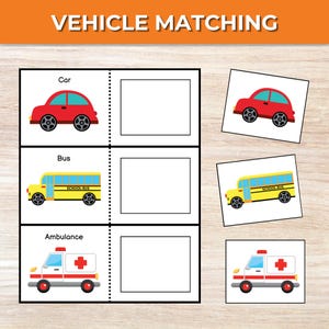 Gioco di abbinamento dei mezzi di trasporto, attività di abbinamento per bambini piccoli, apprendimento prescolare, materiale Montessori, risorsa per l'istruzione parentale