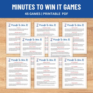 May include: A collection of printable "Minutes to Win It" games. The cards feature various challenges, with titles like "Cup Flip," "Shamrock Shake," and "Candy Walk Off." The text "45 Games | Printable PDF" is displayed at the top. The games are designed for fun.
