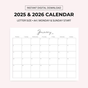 2025 Monthly Planner, Landscape Calendar, Sunday & Monday Start, Letter Size, A4 PDF