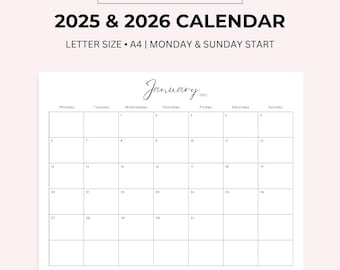 2025 Monthly Planner, Landscape Calendar, Sunday & Monday Start, Letter Size, A4 PDF