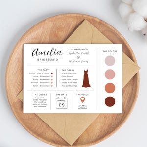 May include: A wedding invitation card with the name "Amelia" and the word "Bridesmaid" in elegant script. The card includes details about the wedding party, dress color, date, and location. The color palette features shades of pink and brown.