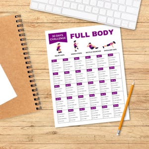 May include: A printable 30-day full body workout challenge chart with illustrations of squat hops, march steps, bicycle crunches, and shoulder taps. The chart includes boxes for each day with checkboxes for completing the exercises.