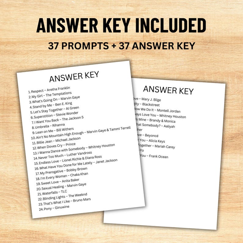 May include: Two white sheets of paper with the text "ANSWER KEY" and a list of song titles and artists. The text "ANSWER KEY INCLUDED" and "37 PROMPTS + 37 ANSWER KEY" are at the top in bold black font.