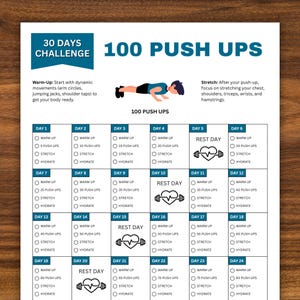 100 Push Ups 30 Days Challenge, Fitness Challenge, Exercise Planner Printable, Workout Tracker
