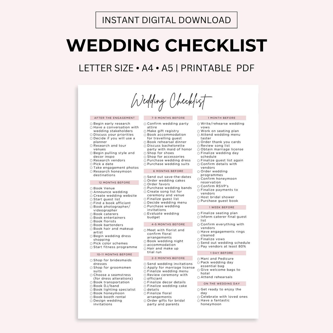 Wedding Checklist Printable Bride s Planning To do List letter a4 a5 Wedding Checklist Printable Bride s Planning To do List letter a4 a5