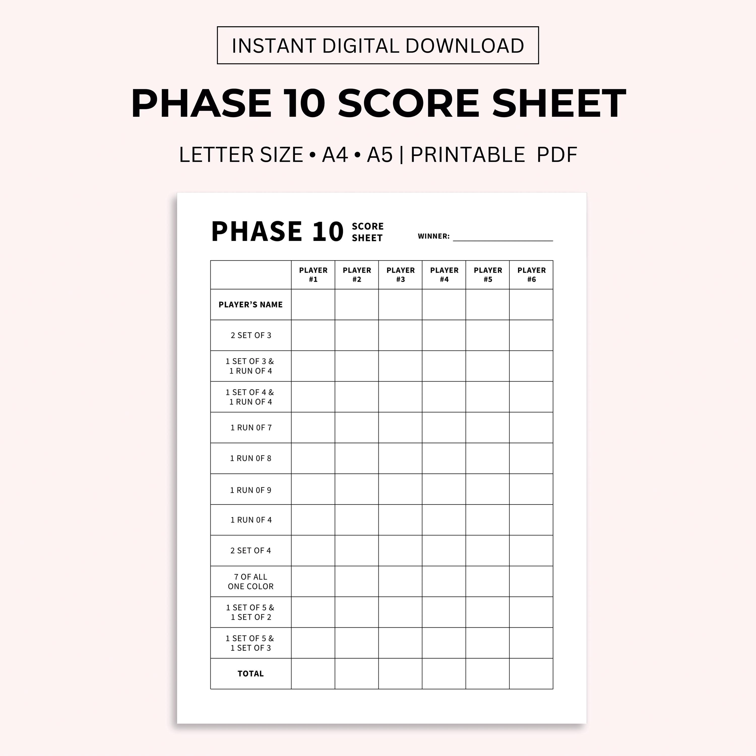 Phase 10 Card Score Sheet, Phase 10 Card Game Record Keeper Sheet, Digital Download
