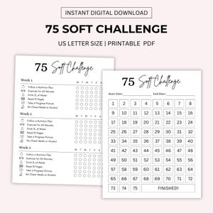 Könnte beinhalten: Ein druckbarer 75-Tage-Herausforderungs-Tracker in Schwarzweiß. Der Tracker enthält eine Checkliste für jeden Tag der Herausforderung mit Aufgaben wie dem Befolgen eines Ernährungsplans, dem Training, dem Trinken von Wasser, dem Lesen und dem Aufnehmen eines Fortschrittsbildes. Der Tracker enthält auch einen Kalender, um die Tage der Herausforderung zu verfolgen.