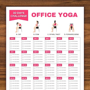 30 Days Office Yoga Challenge, Fitness Challenge, Exercise Planner Printable, Workout Tracker