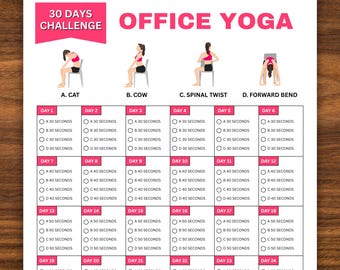 30 Days Office Yoga Challenge, Fitness Challenge, Exercise Planner Printable, Workout Tracker