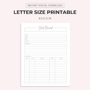 May include: Printable client record sheet in letter size (8.5 x 11 inches). The sheet includes sections for client information, such as name, phone number, email, address, and preferences. It also has a section for appointments with columns for date, time, service, price, and notes.
