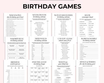 May include: A collection of printable birthday games, including "Who Knows the Birthday Girl Best," "Never or Ever," and "Would She Rather." The games are designed with a minimalist, elegant aesthetic, perfect for a birthday celebration. The text "Instant Digital Download" is at the top.