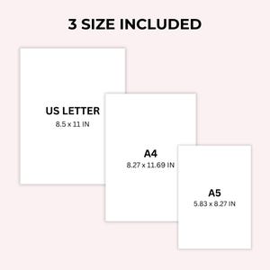 May include: Three white paper sizes are shown with their dimensions in inches: US Letter (8.5 x 11 in), A4 (8.27 x 11.69 in), and A5 (5.83 x 8.27 in).