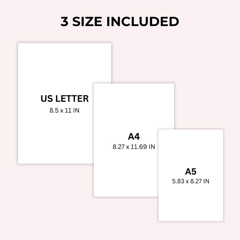 May include: Three white paper sizes are shown with their dimensions in inches: US Letter (8.5 x 11 in), A4 (8.27 x 11.69 in), and A5 (5.83 x 8.27 in).