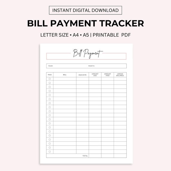Monthly Bill Payment Tracker Printable: A4, A5, Letter Size (PDF)